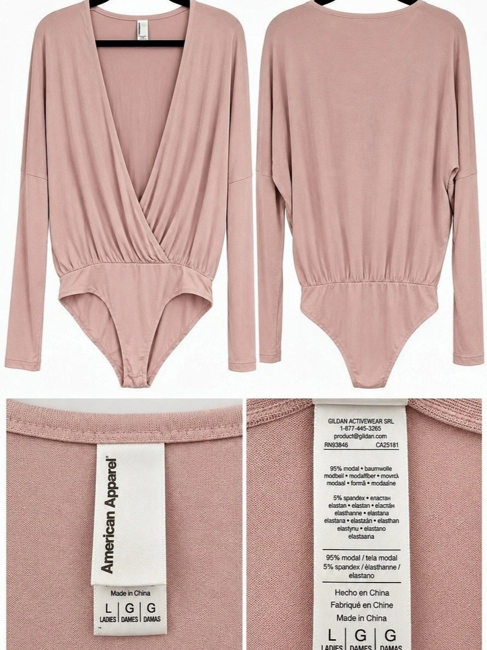 American Apparel Long Sleeve Drape Bodysuit Pink Large